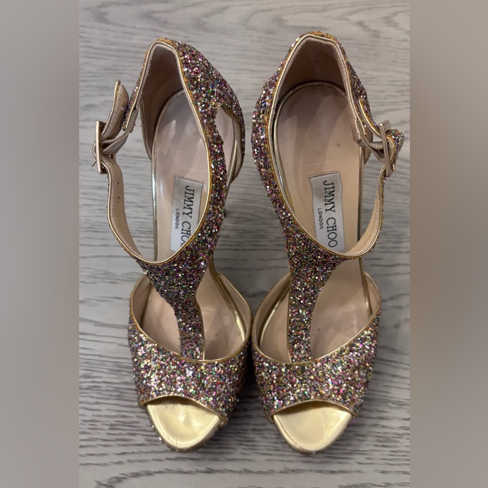 Jimmy Choo Glitter Glitter Accents T-Strap Platforms Size 38 - Picture 7 of 11
